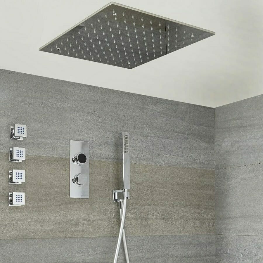Milano Vis Chrome Thermostatic Digital Shower w/ Square Recessed Shower Head, Hand Shower & Body Jets