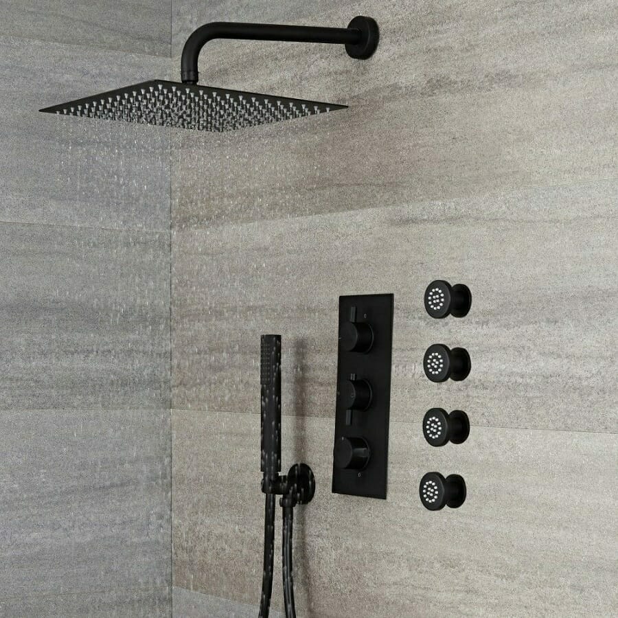 Milano Nero Black Thermostatic Shower w/ Diverter, Square Shower Head, Hand Shower & Body Jets